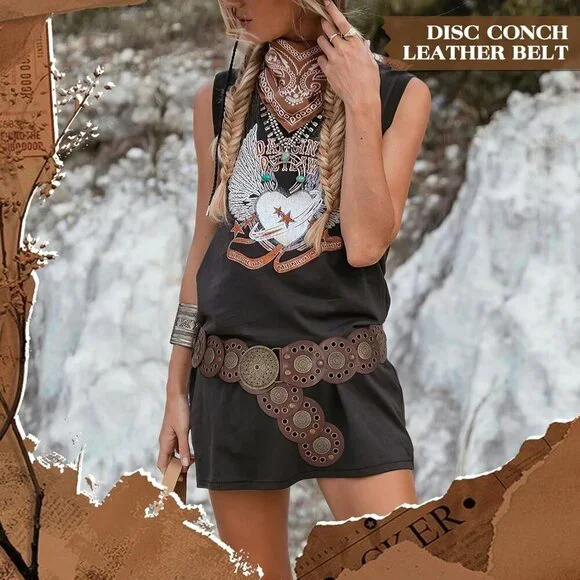 Women Vintage Disc Waist Concho Leather Belt Boho Waist Belt Brown Bronze Buckle - Picture 6 of 7